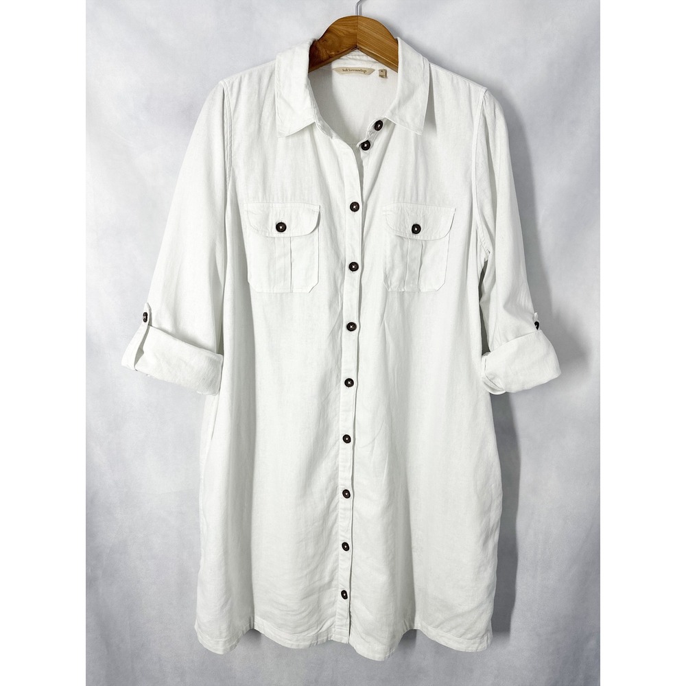 Soft Surroundings Linen Long Sleeve Knee Length White Shirt Dress Womens Size XL